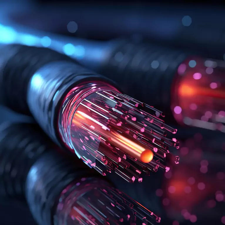 Interior of data cabling glowing red
