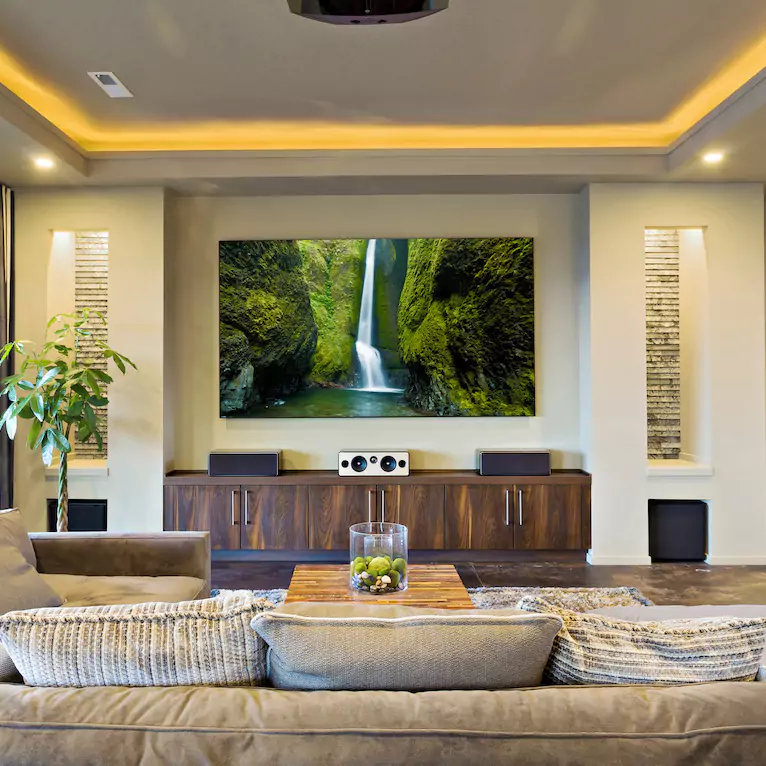 Custom home theatre in a Perth home with a 4K television and surround sound