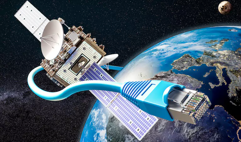 3D Starlink satellite with an ethernet cable extending from it